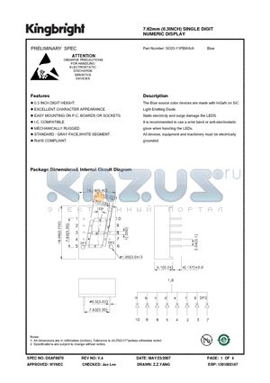 SC03-11PBWA/A datasheet - 7.62mm (0.3INCH) SINGLE DIGIT NUMERIC DISPLAY