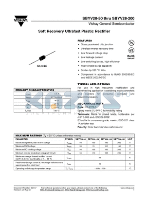 SBYV28-150 datasheet - Soft Recovery Ultrafast Plastic Rectifier