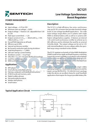 SC121EVB datasheet - Low Voltage Synchronous Boost Regulator