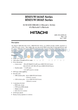 HM51W18165TT-7 datasheet - 16 M EDO DRAM (1-Mword 16-bit) 4 k Refresh/1 k Refresh