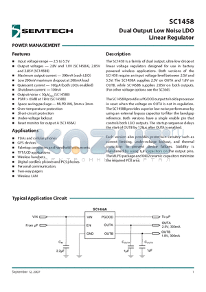 SC1458 datasheet - Dual Output Low Noise LDO Linear Regulator