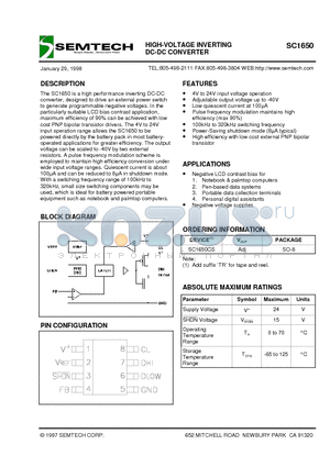 SC1650 datasheet - HIGH-VOLTAGE INVERTING DC-DC CONVERTER