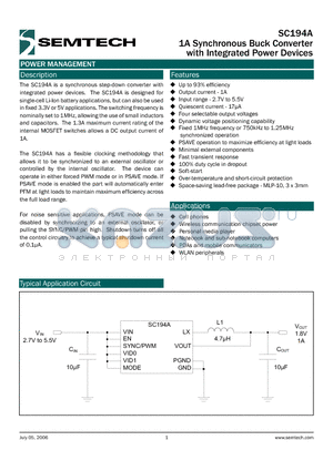 SC194AEVB datasheet - 1A Synchronous Buck Converter with Integrated Power Devices