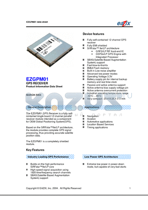 EZGPM01 datasheet - GPS RECEIVER