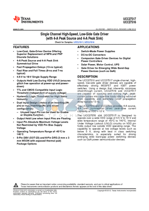UCC27517DBVR datasheet - Single Channel High-Speed, Low-Side Gate Driver (with 4-A Peak Source and 4-A Peak Sink)