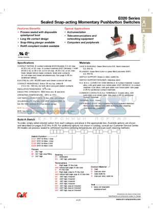 E020 datasheet - Sealed Snap-acting Momentary Pushbutton Switches