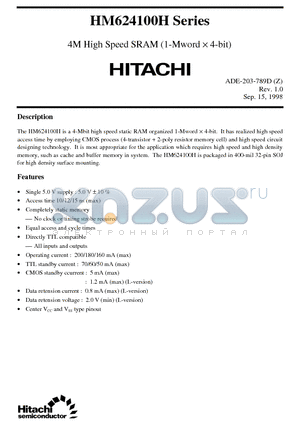 HM624100H datasheet - 4M High Speed SRAM (1-Mword x 4-bit)