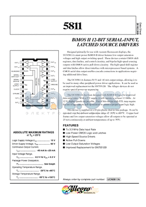 UCN5811 datasheet - BiMOS II 12-BIT SERIAL-INPUT, LATCHED SOURCE DRIVERS