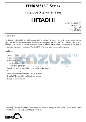 HM628512CLTT-7SL datasheet - 4 M SRAM (512-kword x 8-bit)