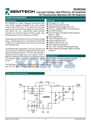 SC4624A datasheet - Low Input Voltage, High Efficiency, 4A Integrated FET Synchronous Step down DC/DC Regulator