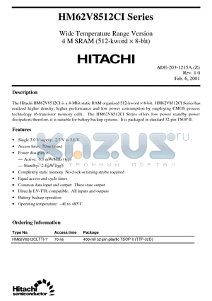 HM62V8512CI datasheet - Wide Temperature Range Version4 M SRAM (512-kword x 8-bit)