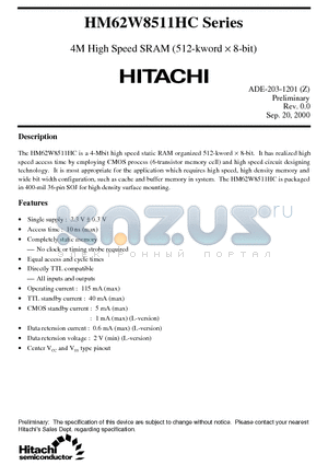 HM62W8511HCLJP-10 datasheet - 4M High Speed SRAM (512-kword x 8-bit)