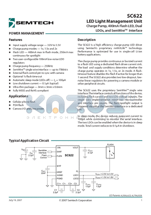 SC622ULTRT datasheet - LED Light Management Unit Charge Pump, 400mA Flash LED, Dual LDOs, and SemWireTM Interface