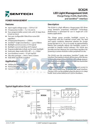 SC624ULTRT datasheet - LED Light Management Unit Charge Pump, 4 LEDs, Dual LDOs, and SemWireTM Interface