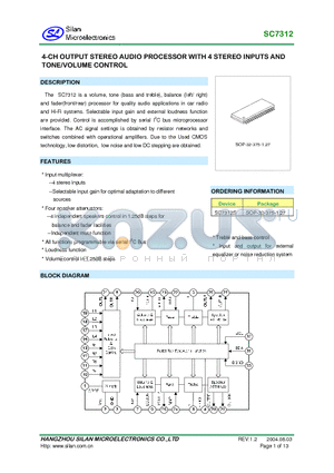 SC7312S datasheet - 4CH OUTPUT STEREO AUDIO PROCESSOR WITH 4 STEREO INPUTS AND TONE/VOLUME CONTROL