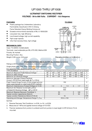 UF1000 datasheet - ULTRAFAST SWITCHING RECTIFIER(VOLTAGE - 50 to 800 Volts CURRENT - 10.0 Amperes)