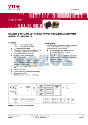 SCA3000-E02 datasheet - 3-AXIS ULTRA LOW POWER ACCELEROMETER WITH DIGITAL I2C INTERFACE