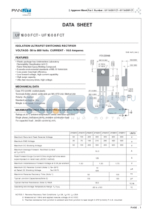 UF1600FCT datasheet - ISOLATION ULTRAFST SWITCHING RECTIFIER(VOLTAGE- 50 to 800 Volts CURRENT - 16.0 Amperes)