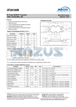 UF28100M datasheet - RF Power MOSFET Transistor 100W, 100-500 MHz, 28V