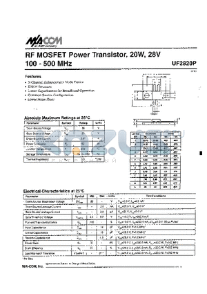 UF2820P datasheet - RF MOSFET Power Transistor, 2OW, 28V 100 - 500 MHz
