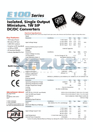 E122 datasheet - Isolated, Single Output Miniature, 1W SIP DC/DC Converters