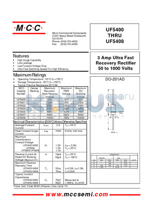 UF5404 datasheet - 3 Amp Ultra Fast Recovery Rectifier 50 to 1000 Volts