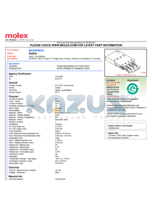 70430-0370 datasheet - 2.54mm (.100) C-Grid SL Single Row, Female, Version A Receptacle, 21 Circuits