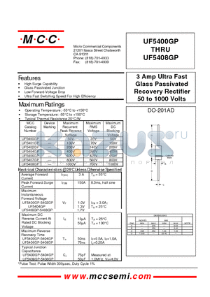 UF5407GP datasheet - 3 Amp Ultra Fast Glass Passivated Recovery Rectifier 50 to 1000 Volts