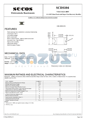 SCDS104 datasheet - 1.0 AMP Glass Passivated Super Fast Recovery Rectifier