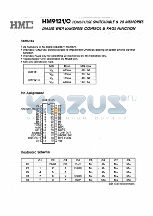 HM9121 datasheet - TONE/PULSE SWITCHABLE & 20 MEMORIES DIALER WITH HANDFREE CONTROL & PAGE FUNCTION