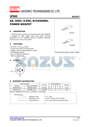 UF840 datasheet - 8A, 500V, 0.85ohm, N-CHANNEL POWER MOSFET