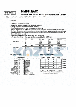 HM9112 datasheet - Tone/Pulse Switchable & 10 Memory Dialer