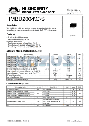 HMBD2004 datasheet - General purpose diodes fabricated in planar tehnology