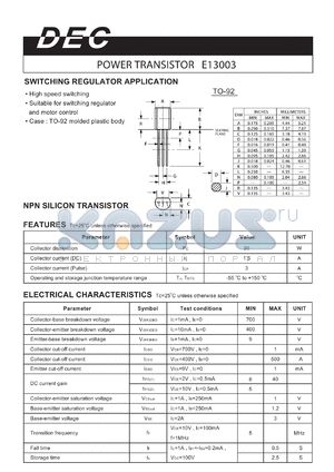 E13003TO-92 datasheet - POWER TRANSISTOR