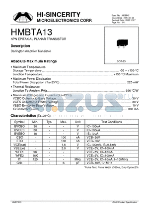 HMBTA13 datasheet - NPN EPITAXIAL PLANAR TRANSISTOR