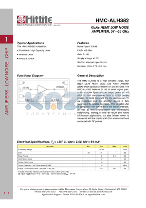 HMC-ALH382 datasheet - GaAs HEMT LOW NOISE AMPLIFIER, 57 - 65 GHz