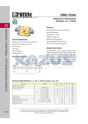 HMC-C006 datasheet - DIVIDE-BY-4 PRESCALER MODULE, 0.5 - 18 GHz