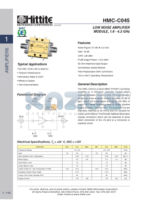 HMC-C045 datasheet - LOW NOISE AMPLIFIER MODULE, 1.8 - 4.2 GHz