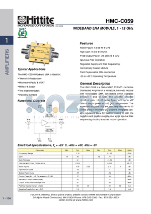 HMC-C059 datasheet - WIDEBAND LNA MODULE, 1 - 12 GHz