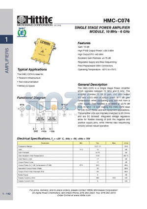HMC-C074 datasheet - SINGLE STAGE POWER AMPLIFIER MODULE, 10 MHz - 6 GHz