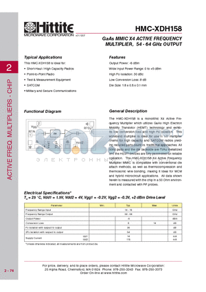 HMC-XDH158 datasheet - GaAs MMIC X4 ACTIVE FREQUENCY MULTIPLIER, 54 - 64 GHz OUTPUT