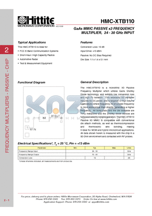 HMC-XTB110_10 datasheet - GaAs MMIC PASSIVE x3 FREQUENCY MULTIPLIER, 24 - 30 GHz INPUT