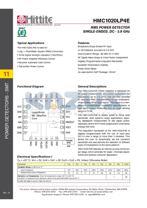 HMC1020LP4E datasheet - RMS POWER DETECTOR SINGLE-ENDED, DC - 3.9 GHz