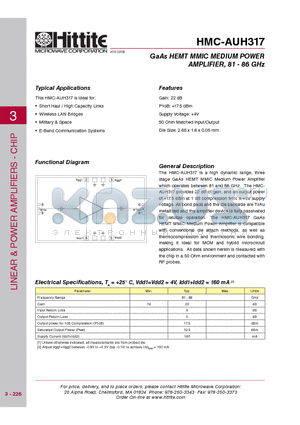 HMC-AUH317 datasheet - GaAs HEMT MMIC MEDIUM POWER AMPLIFIER, 81 - 86 GHz