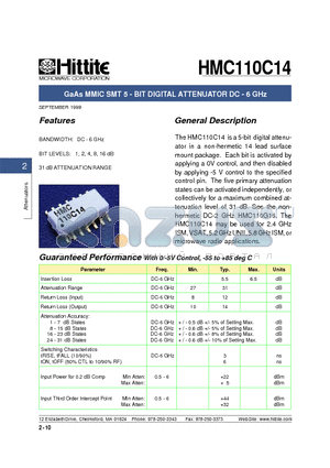 HMC110C14 datasheet - GaAs MMIC SMT 5 - BIT DIGITAL ATTENUATOR DC - 6 GHz