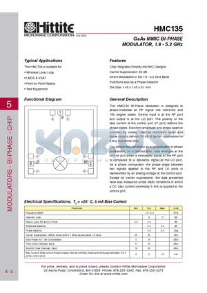 HMC135 datasheet - GaAs MMIC BI-PHASE MODULATOR, 1.8 - 5.2 GHz