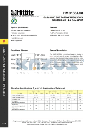 HMC156AC8 datasheet - GaAs MMIC SMT PASSIVE FREQUENCY DOUBLER, 0.7 - 2.4 GHz INPUT