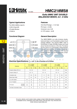 HMC218MS8 datasheet - GaAs MMIC SMT DOUBLEBALANCED MIXER, 4.5 - 6 GHz