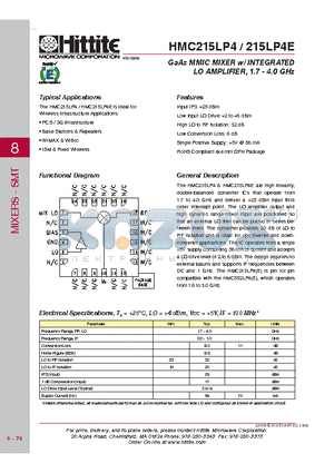 HMC215LP4 datasheet - GaAs MMIC MIXER w/ INTEGRATED LO AMPLIFIER, 1.7 - 4.0 GHz