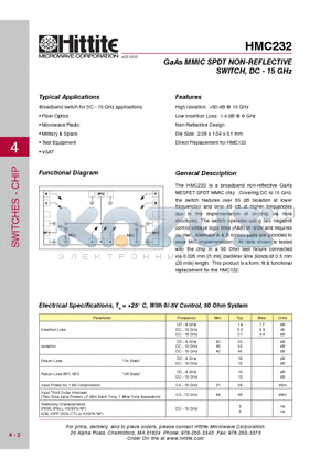 HMC232 datasheet - GaAs MMIC SPDT NON-REFLECTIVE SWITCH, DC - 15.0 GHz